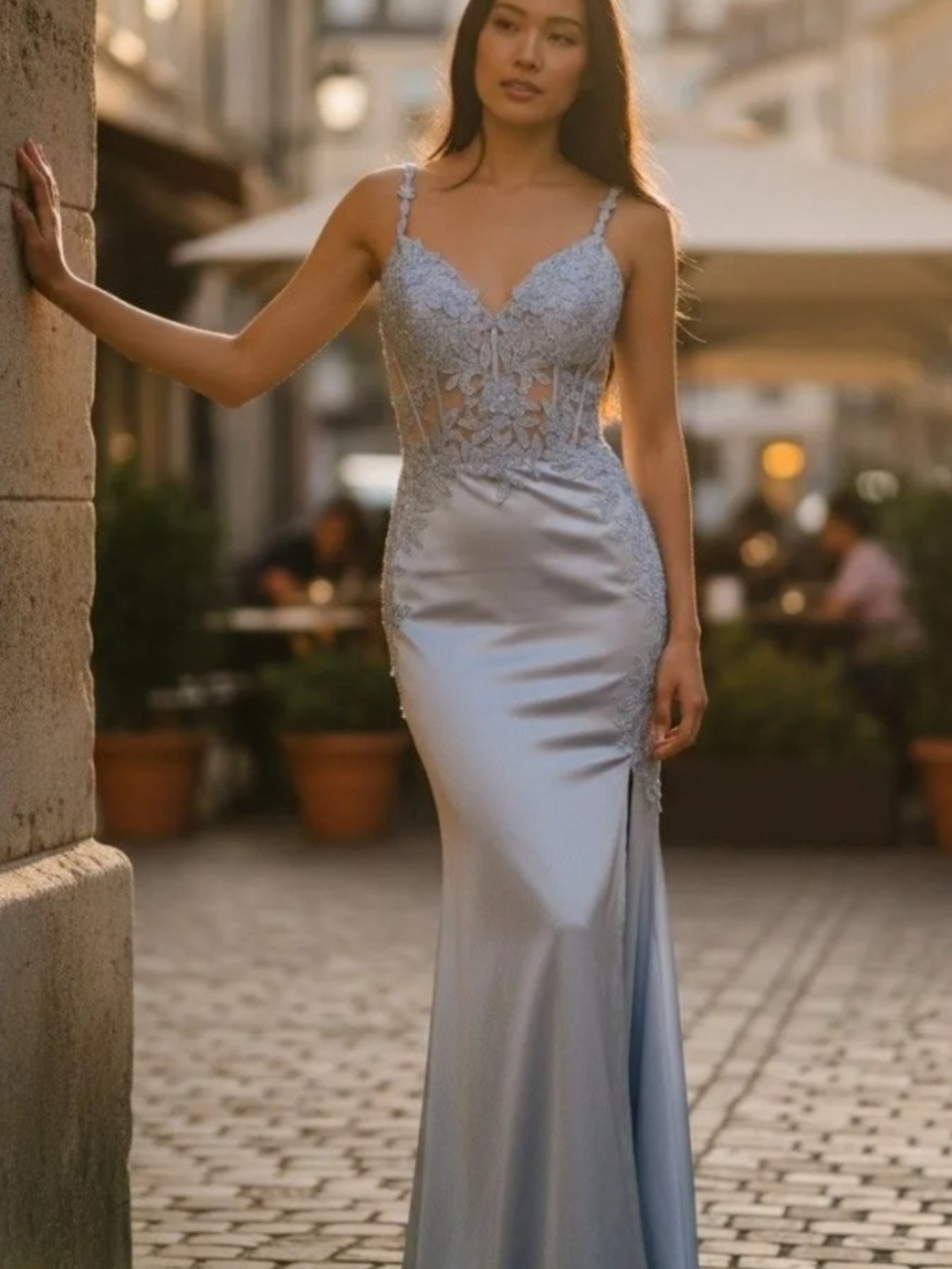 Jovani Light Blue Lace Corset Bodice Satin Maxi Dress, NWT MSRP $299 - $500